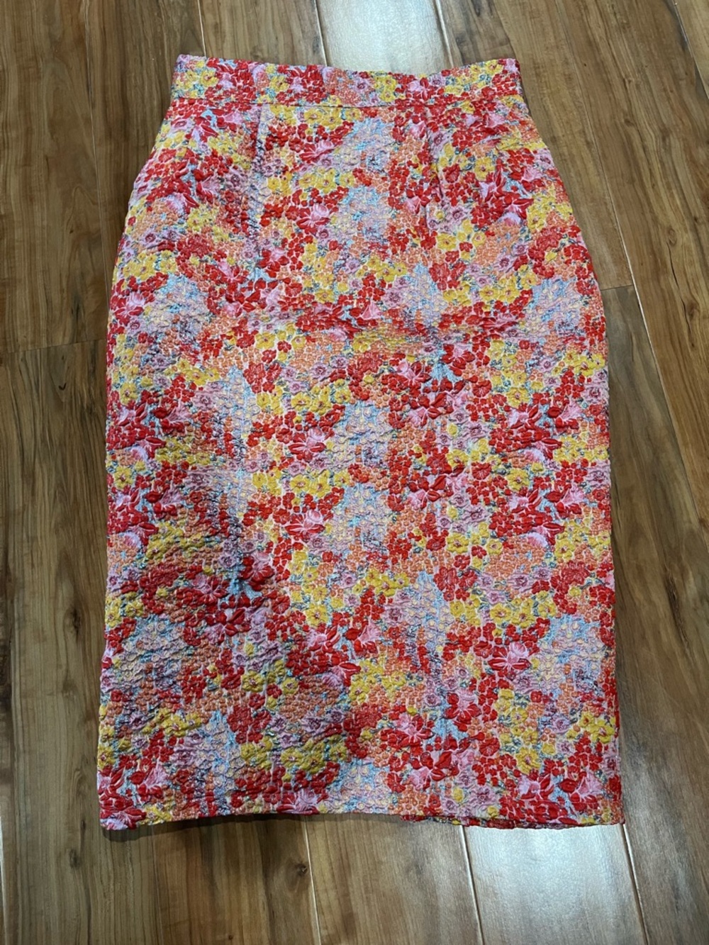 Lulu's Red and Yellow Metallic Textured Floral Pencil Skirt